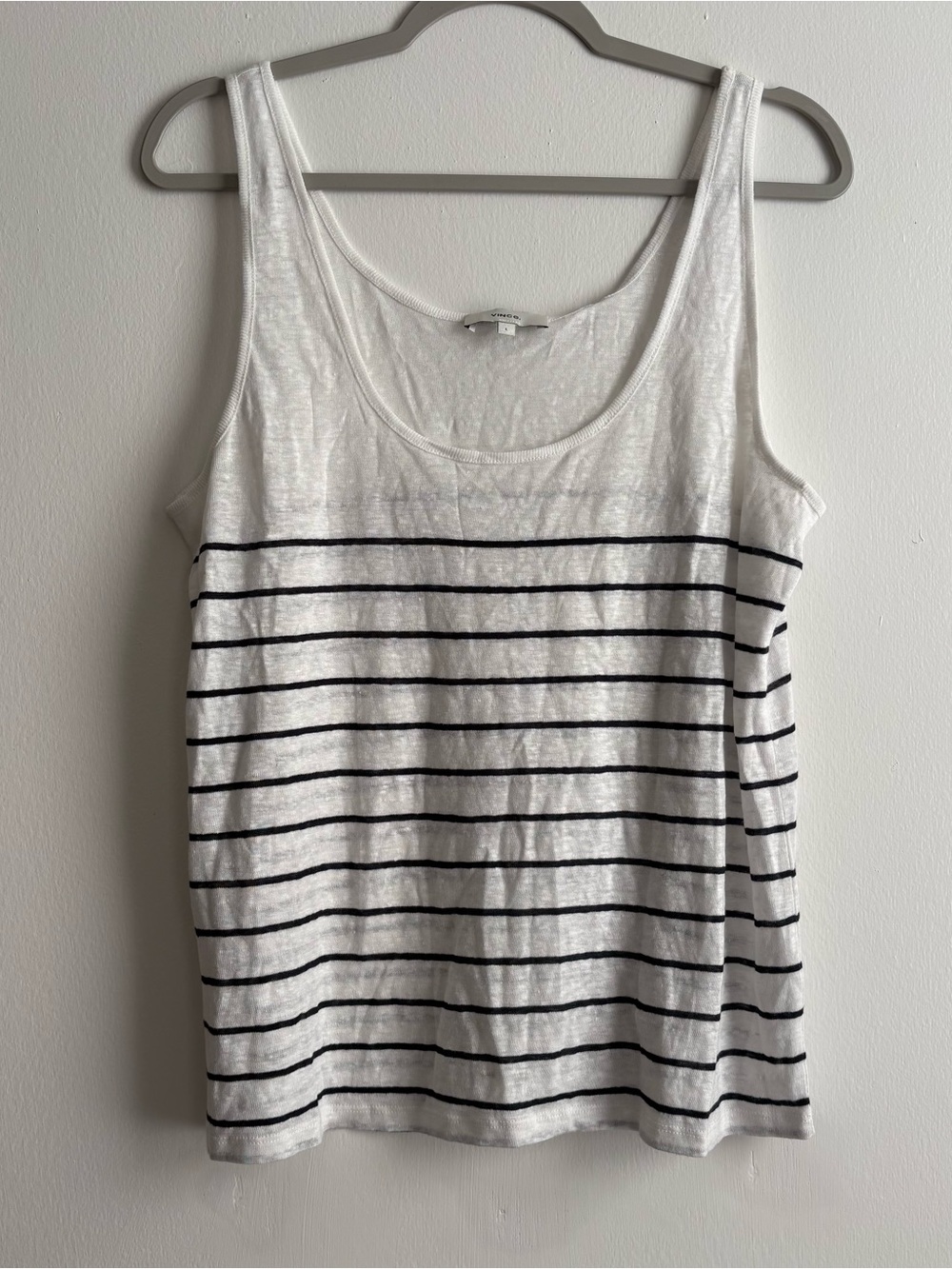 NWT Vince. White/Black Striped Linen Scoop Neck Sleeveless Tank Top Women’s L
